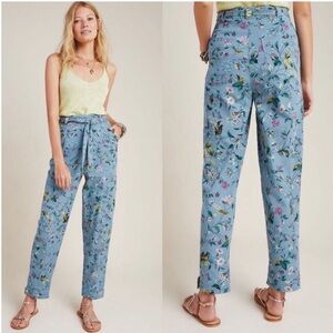 Anthropologie Victoria Floral Teal Relaxed Fit Belt Cargo Pants Women’s Size 2